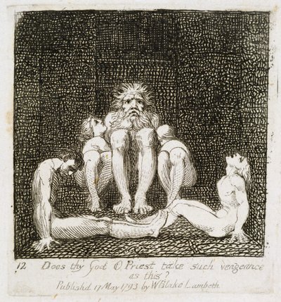 Kostaako sinun jumalasi, pappisi tällaista kostoa, levy 13 julkaisusta "Lapsille. Paratiisin portit, 1793 tekijältä William Blake